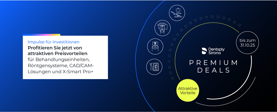 Die Dentsply Sirona Premium Deals Nutzen Sie die Gelegenheit, auf die neuesten Systeme von Dentsply Sirona umzusteigen und sichern Sie sich dabei bis zum 31.10.2025 attraktive Angebote!